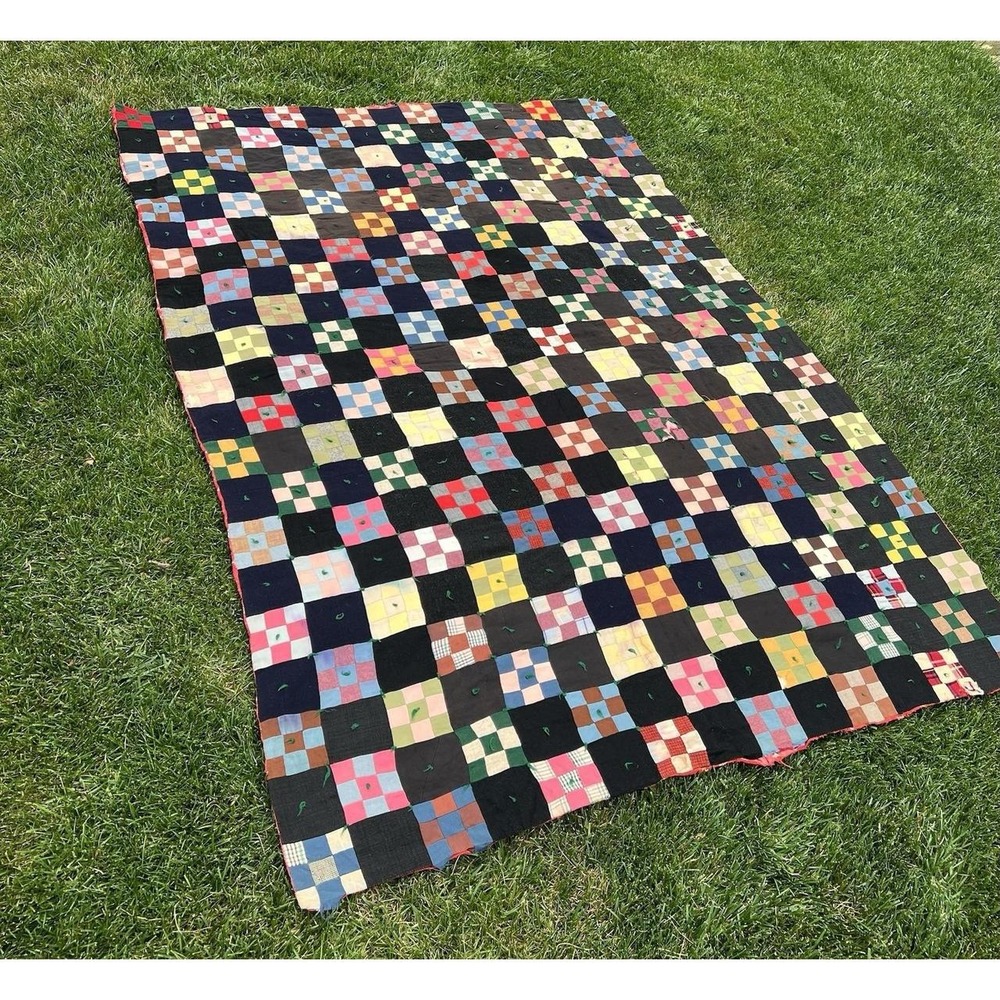 Handmade Patchwork Quilt Vintage Nine Patch Multi Color Red Calico Backing